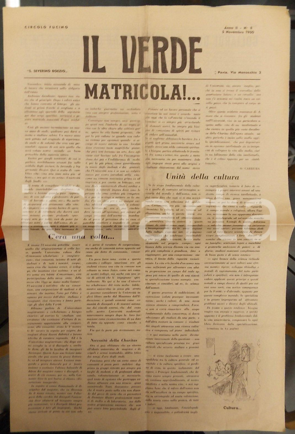 Giornale, rivista storica 1950 PAVIA IL VERDE Onofrio CARRUBA Appella alle matricole Giornale F.U.C.I. 1