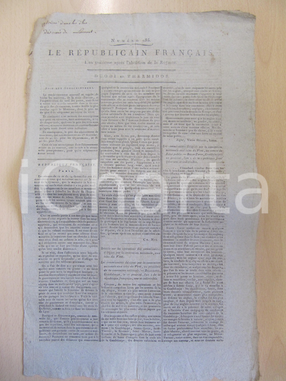 Giornale, rivista storica 1795 LE REPUBLICAIN FRANCAIS Gazette N° 985 Rivoluzione nelle colonie 1