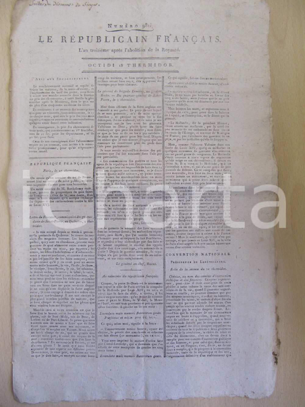 Giornale, rivista storica 1795 LE REPUBLICAIN FRANCAIS Gazette N° 983 Vittoria sull'orgogliosa Italia 1