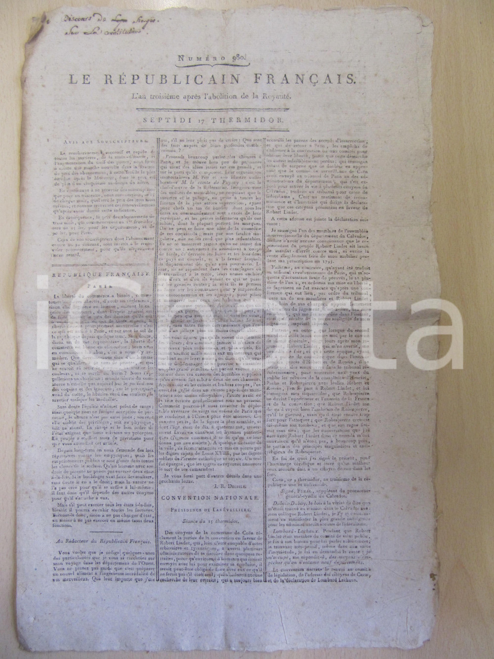 Giornale, rivista storica 1795 LE REPUBLICAIN FRANCAIS Gazette N° 980 Processo a LINDET *danneggiata 1