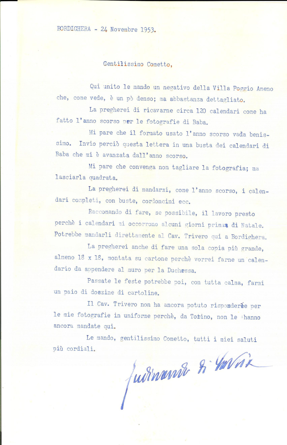 Autografo originale 1953 BORDIGHERA Ferdinando di SAVOIAGENOVA su calendario VILLA POGGIO AMENO 1