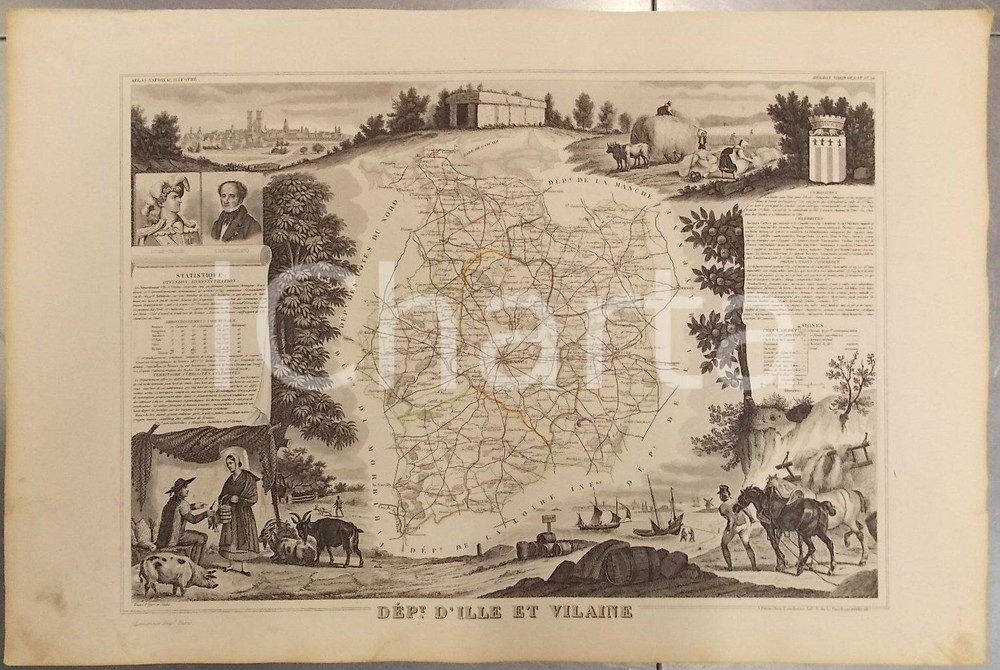Stampa, bozzetto originale 1861 PARIS Atlas National de France illustré  Département ILLE ET VILANIE n° 34 1