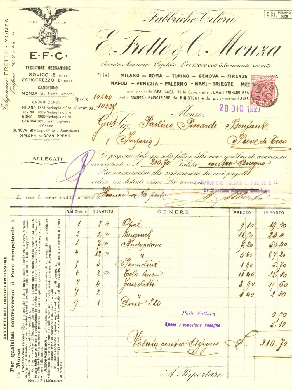 Documento originale, autentico 1927 MONZA Fabbriche telerie FRETTE & C. Fattura commerciale con busta intestata 1