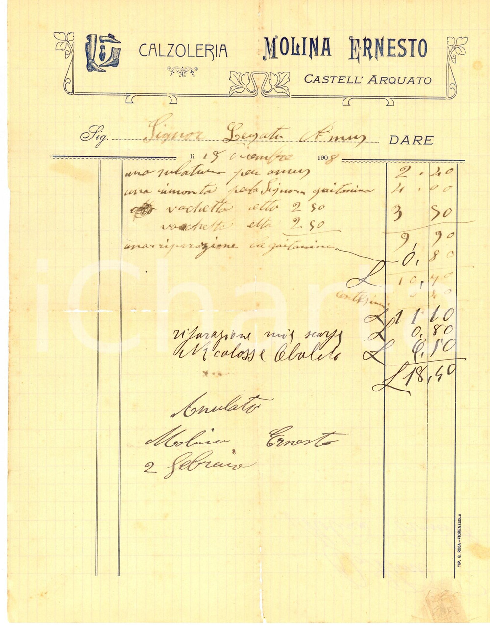 Documento originale, autentico 1908 CASTELL ARQUATO PC Calzoleria Ernesto MOLINO Fattura intestata 1
