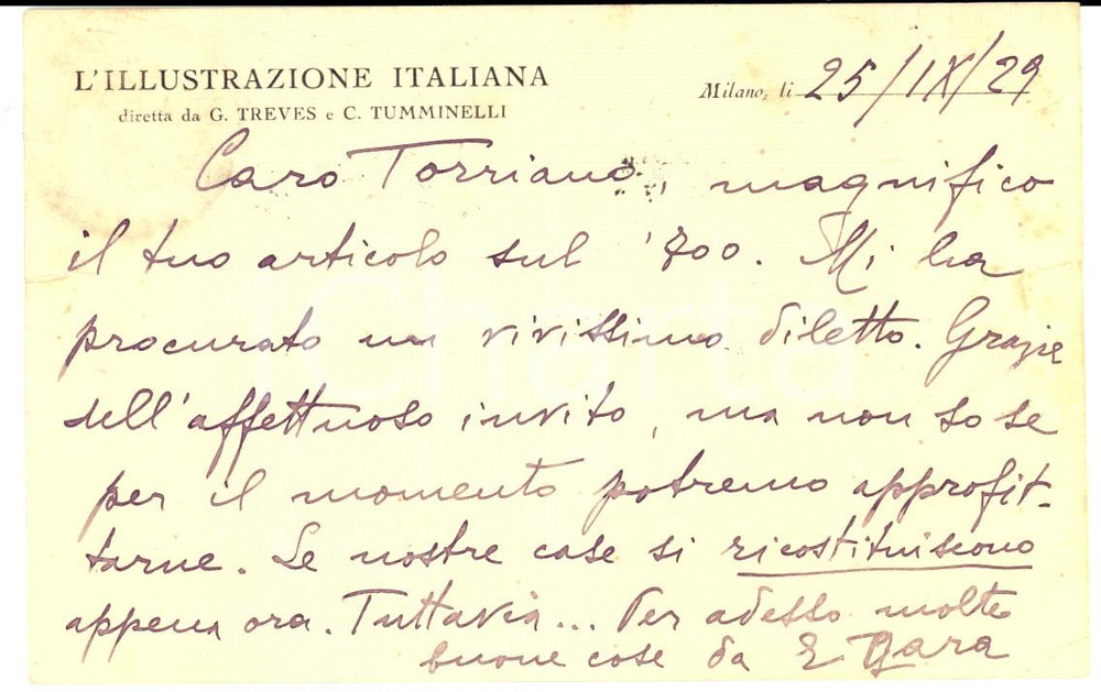 Autografo originale 1929 MILANO L ILLUSTRAZIONE ITALIANA Eugenio GARA Autografo DANNEGGIATO 1