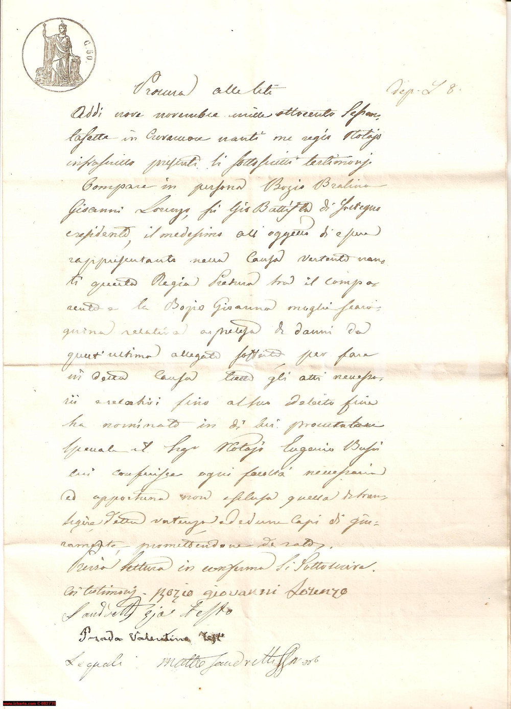Documento originale, autentico 1867 CREVACUORE (BI) Procura Giovanni BOZIO BRALINO vs Giovanna SCAROGNINA 1