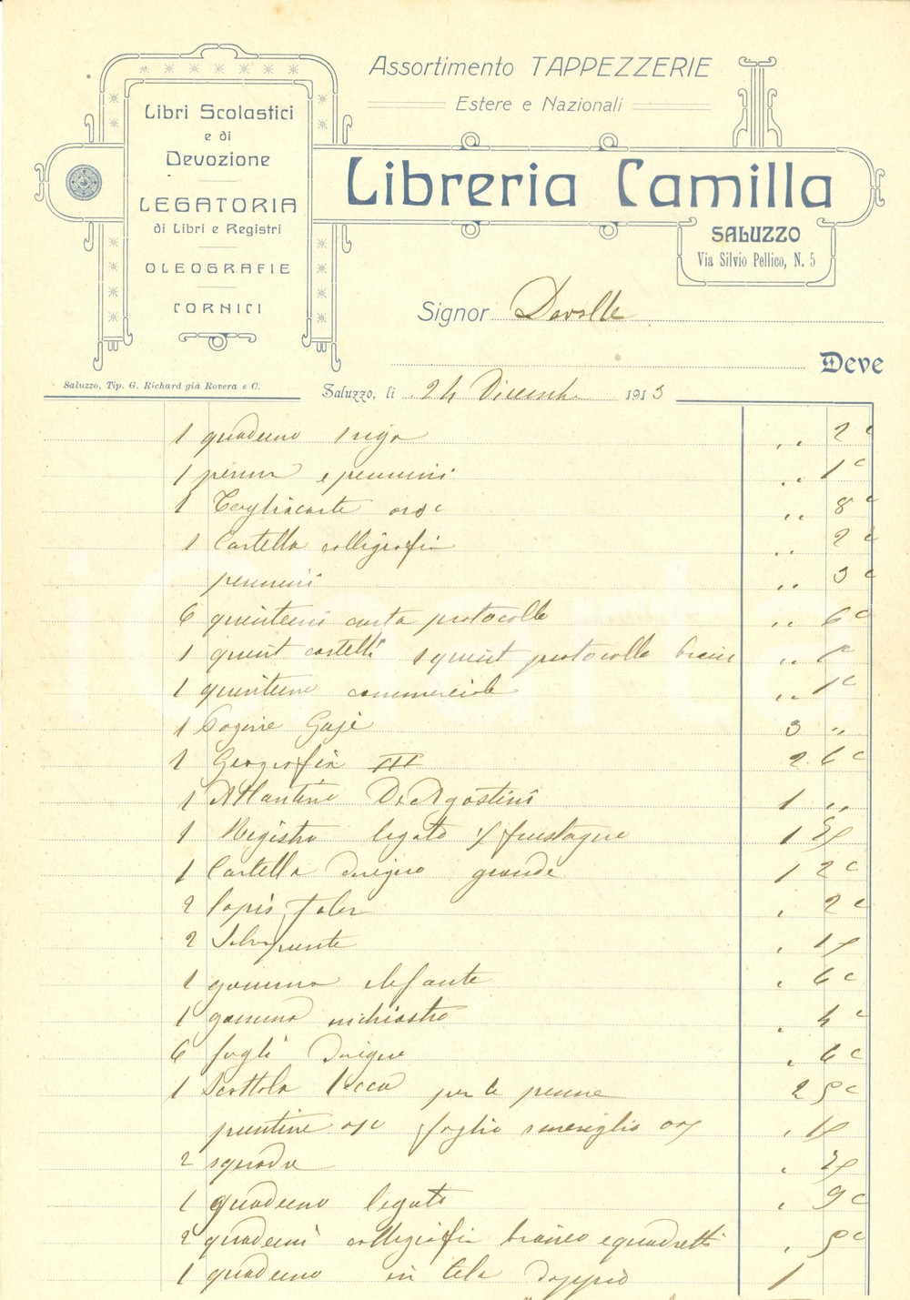 Documento originale, autentico 1913 SALUZZO (CN) Libreria CAMILLA libri scolastici tappezzerie *Fattura 1