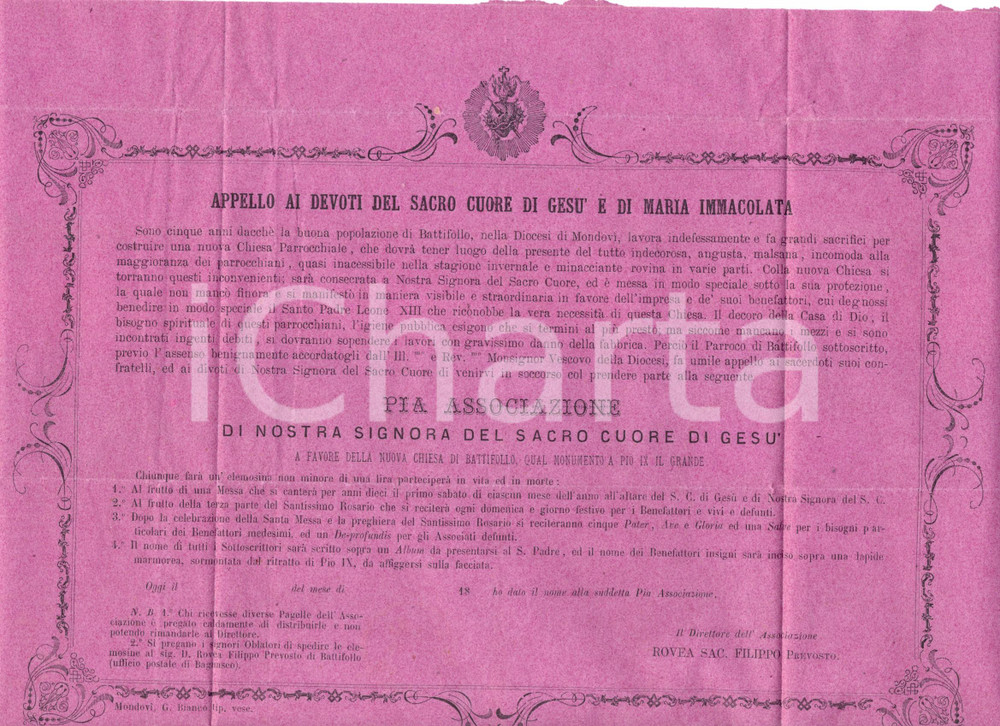 Documento originale, autentico 1880 ca BATTIFOLLO Prevosto Filippo ROVEA aiuti per nuova chiesa parrocchiale 1