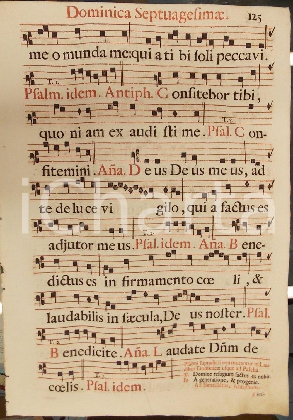 Libro, pubblicazione d epoca 1700 ca ANTIFONARIO ROMANO Pagina canti in rosso e nero Domenica in SETTUAGESIMA 1