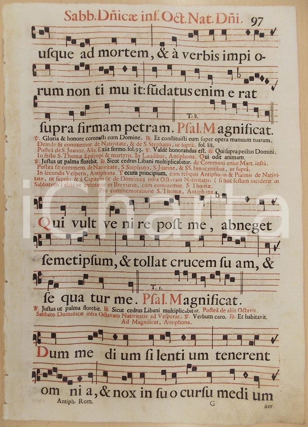 Libro, pubblicazione d'epoca 1700 ca ANTIFONARIO ROMANO Pagina canti rosso nero Ottava NATIVITA' del SIGNORE 1