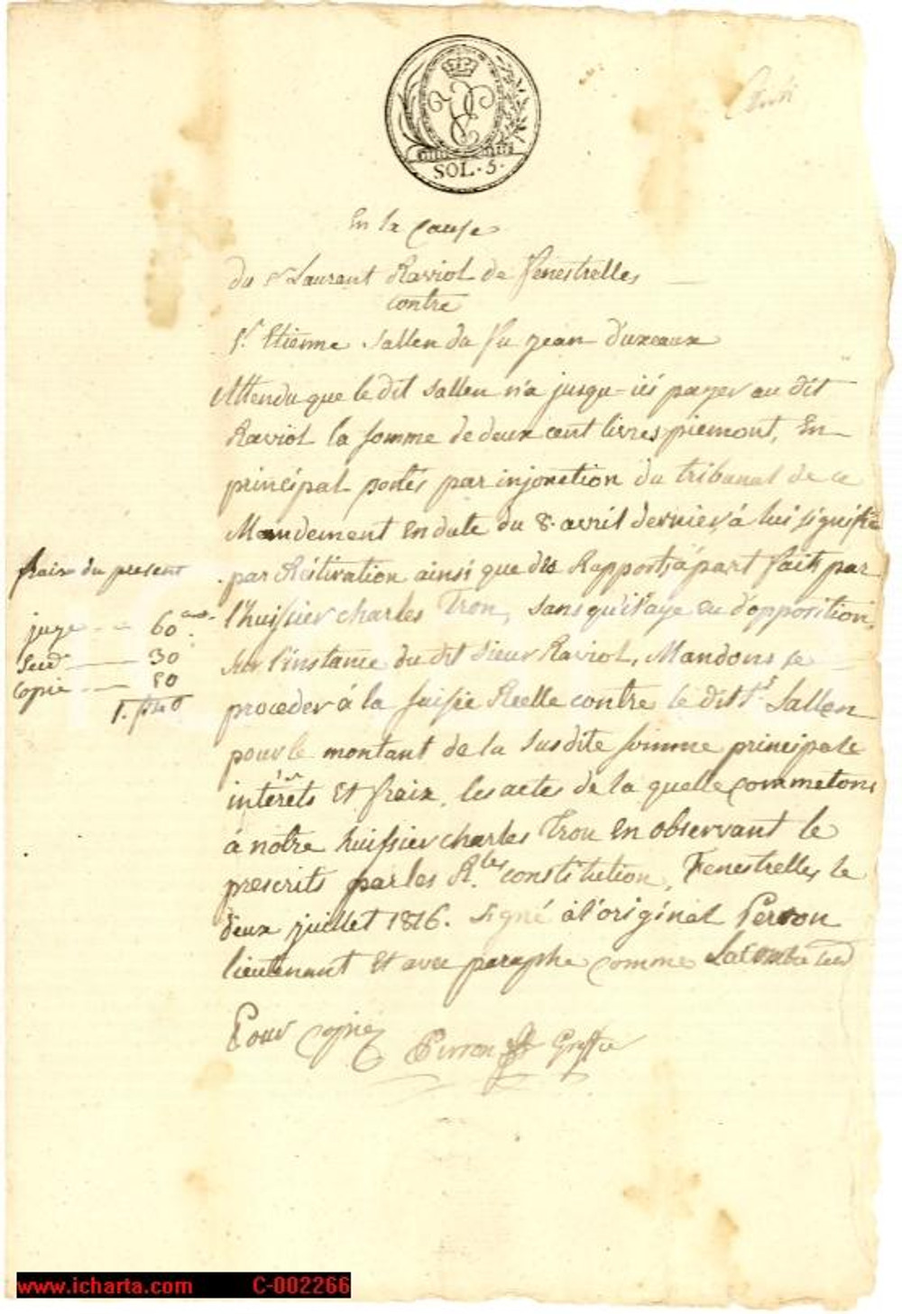 Documento originale, autentico 1816 FENESTRELLE Etienne SALLEN debitore di Laurent RAVIOL *Manoscritto 1