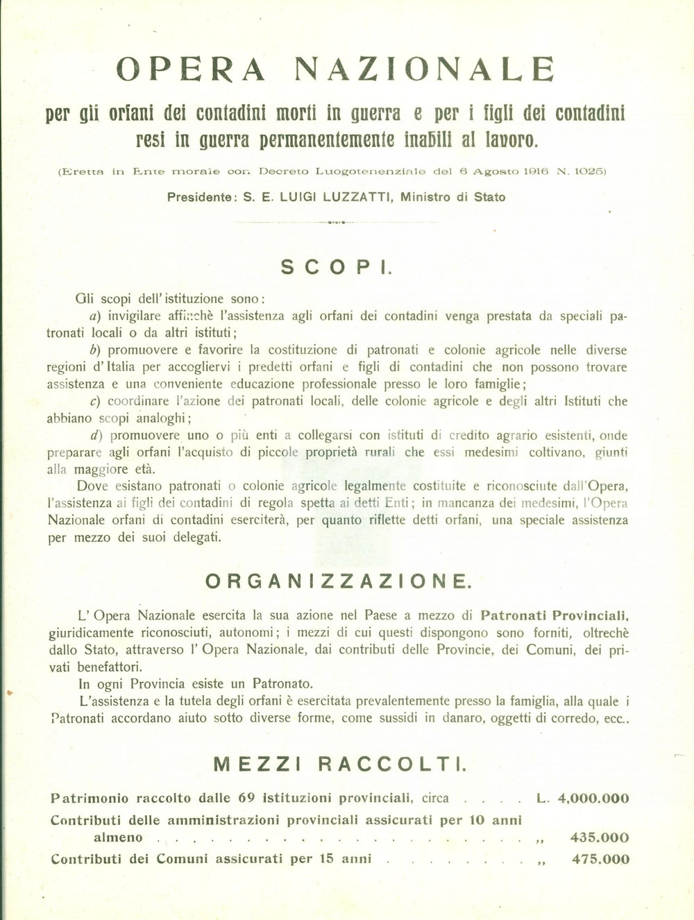 Documento originale, autentico 1916 WW1 OPERA NAZIONALE ORFANI dei contadini morti in guerra Volantino statuto 1