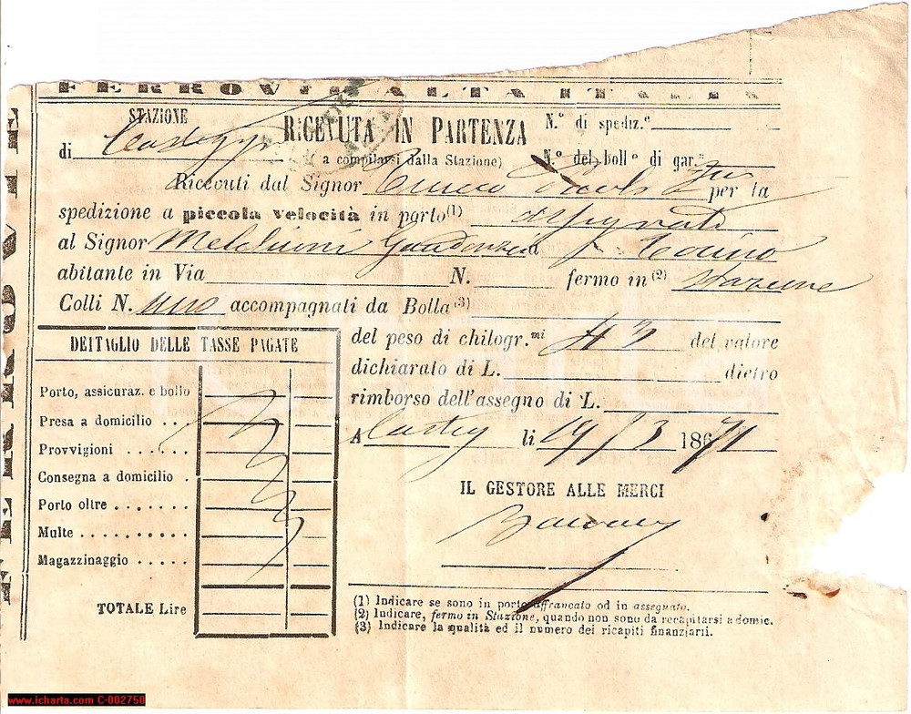 Documento originale, autentico 1871 VOGHERA FERROVIE ALTA ITALIA Merci Gaudenzio MELCHIONI - Ricevuta 1
