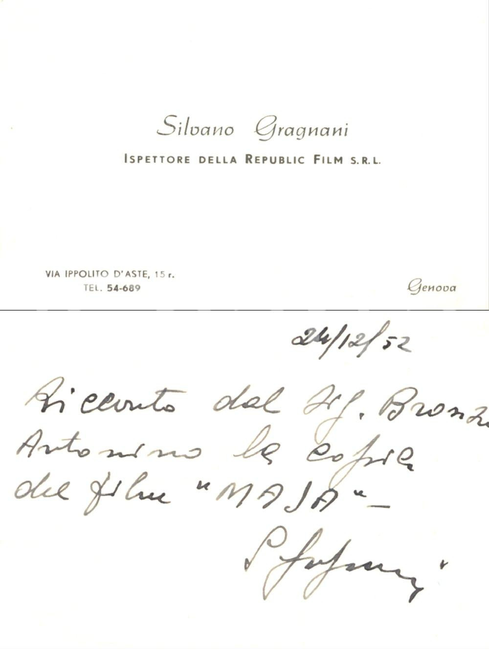 Autografo originale 1952 GENOVA REPUBLIC FILM srl Biglietto da visita Silvano GRAGNANI *Autografo 1