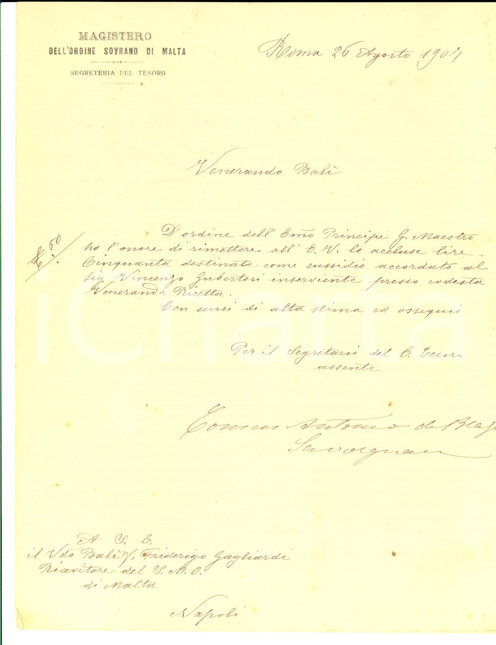 Documento originale, autentico 1907 ROMA Ordine Sovrano di MALTA Lettera sussidio *Antonio SAVORGNAN DI BRAZZÃ€ 1
