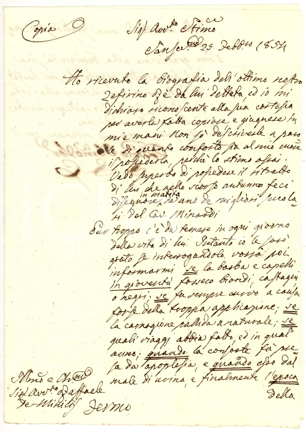 Manoscritto, lettera originale 1854 SAN SEVERINO MARCHE Severino SERVANZI-COLLIO prepara biografia Zeffirino RE 1