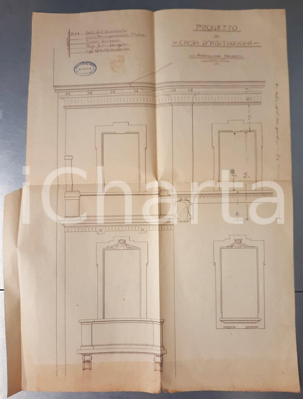 Mappa, planimetria storica 1920 ca BIELLA Progetto di casa per ing. Guido GHERSINA Particolare prospetto 1