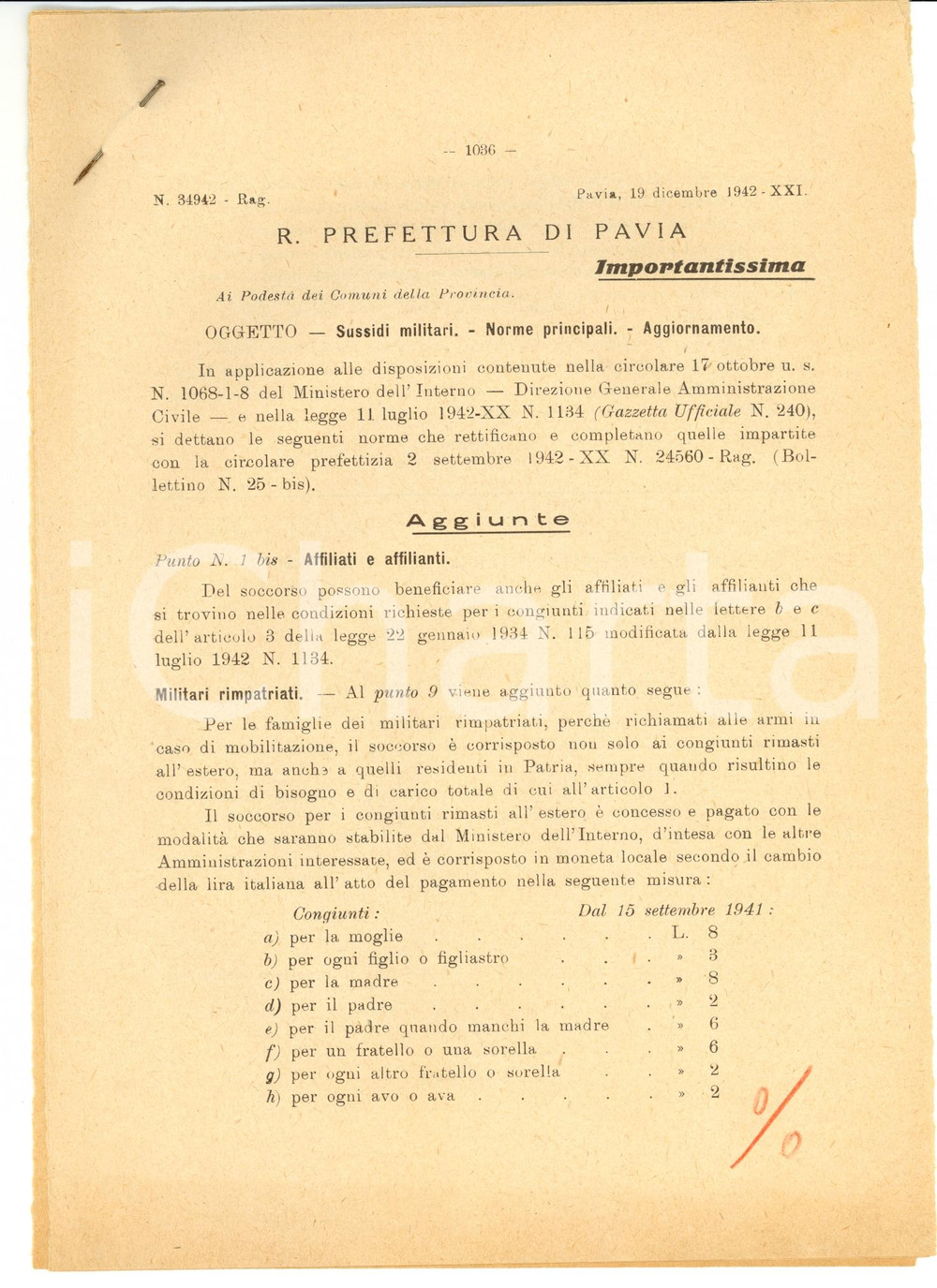Documento originale, autentico 1942 PAVIA WW2 Sussidi alle famiglie dei militari rimpatriati IMPORTANTISSIMA 1