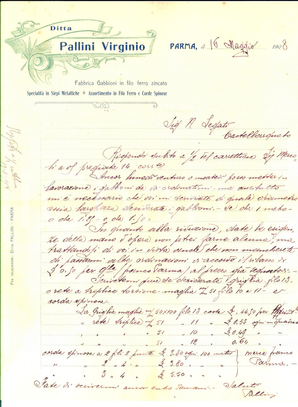 Documento originale, autentico 1908 PARMA Virginio PALLINI promette lavorazione gabbioni in ferro Lettera 1
