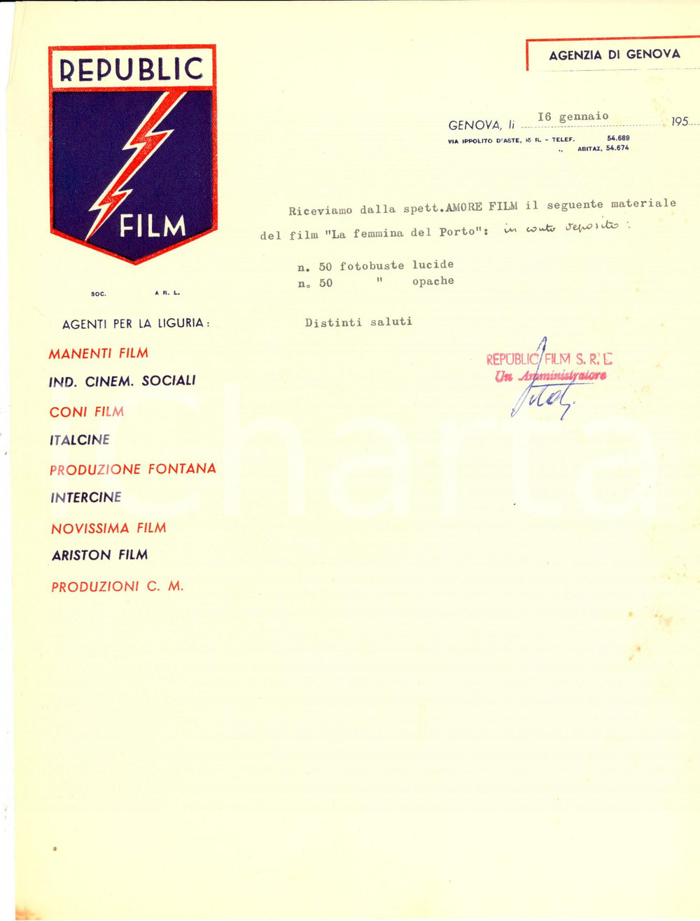 Manoscritto, lettera originale 1953 GENOVA REPUBLIC FILM riceve materiale film 'La femmina del porto' *Lettera 1
