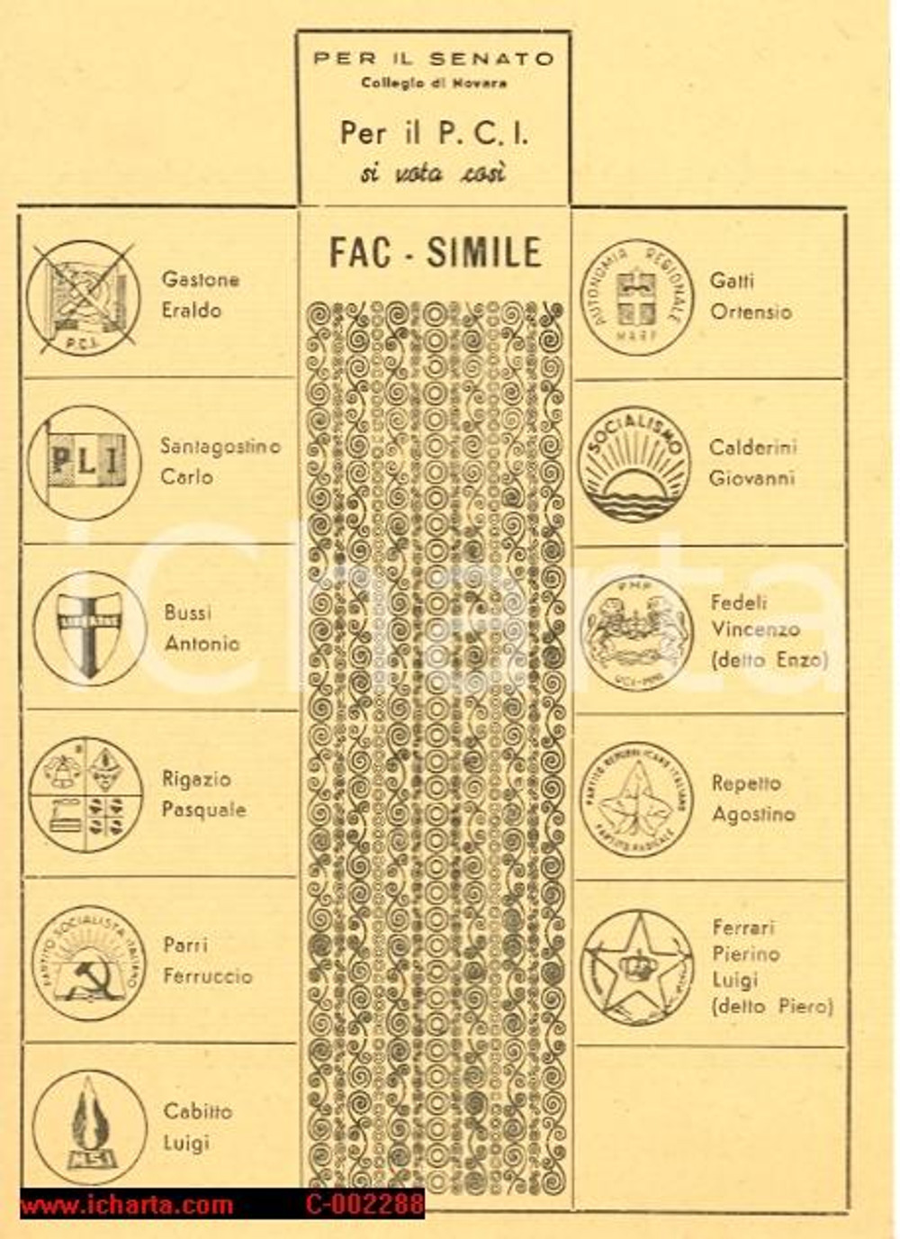 Materiale pubblicitario d’epoca ELEZIONI 1968 NOVARA Propaganda PCI - Eraldo Gastone al Senato *Volantino 1