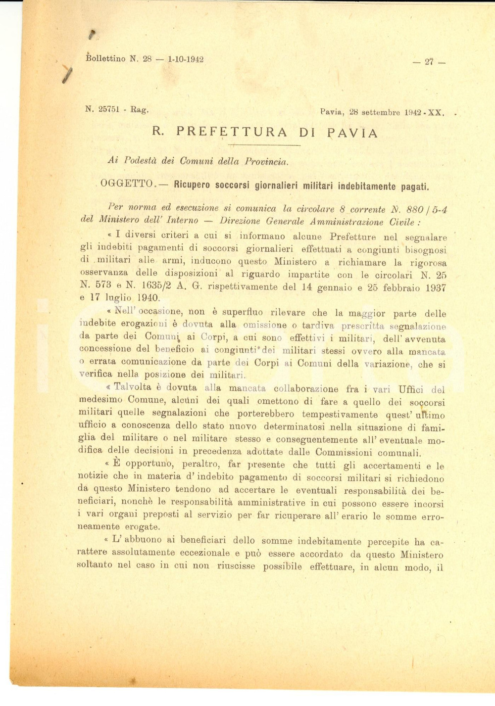Documento originale, autentico 1942 PAVIA WW2 Sussidi indebiti alle famiglie dei militari * Circolare 1