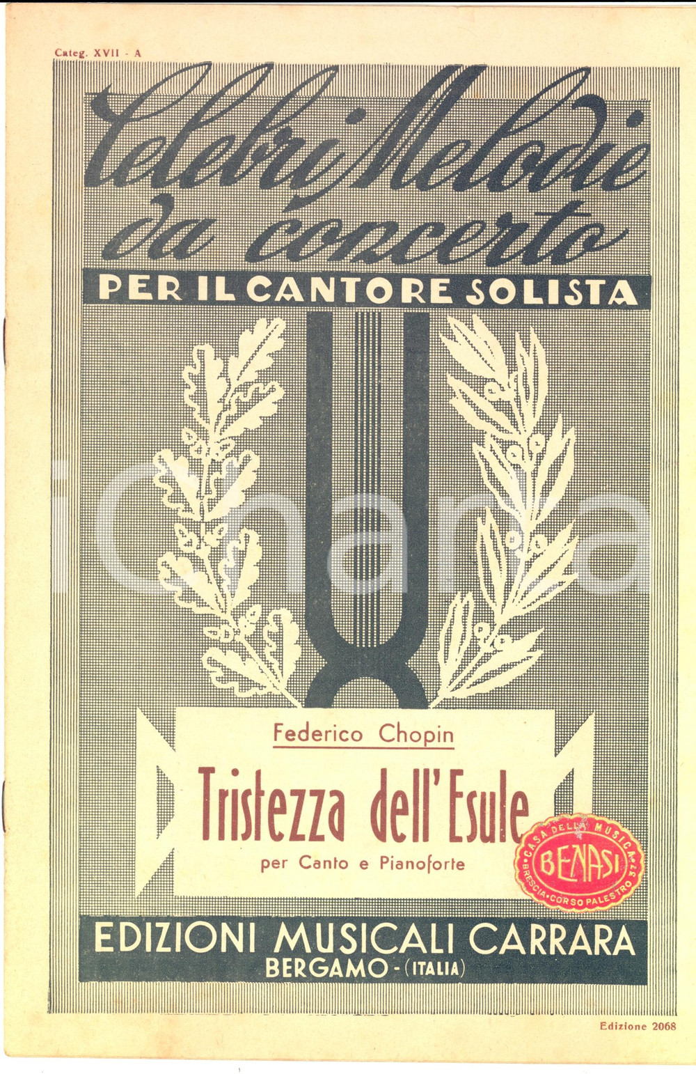 Oggetto da collezione cartaceo 1930 Fryderyk CHOPIN Tristezza dell esule Ed. Carrara BERGAMO Spartito musicale 1