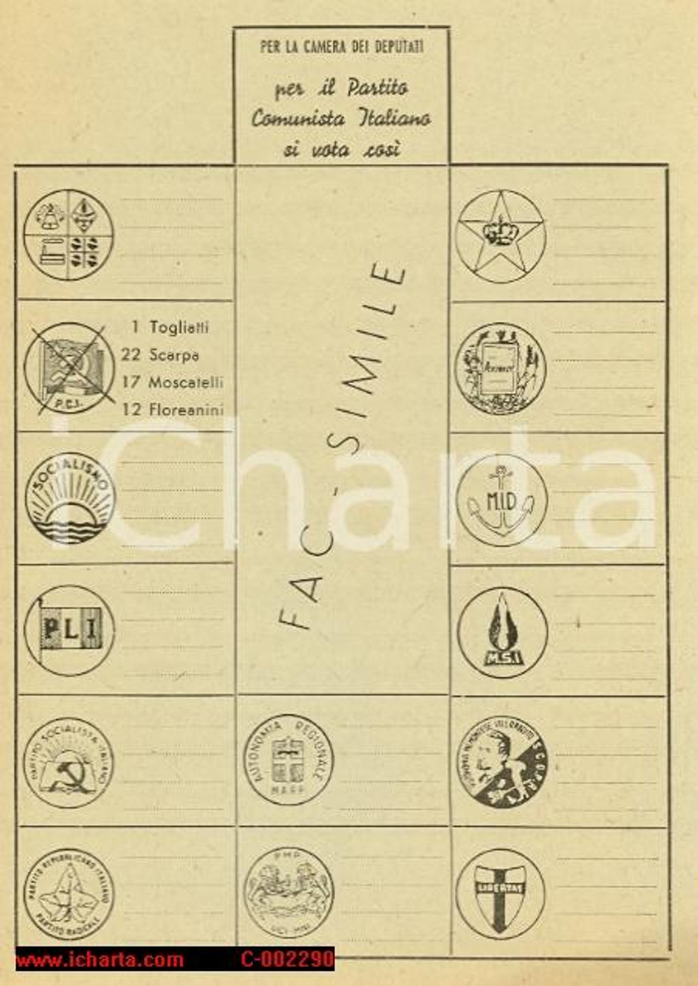 Materiale pubblicitario d’epoca ELEZIONI 1953 - PCI Propaganda voto alla Camera - Volantino facsimile scheda 1