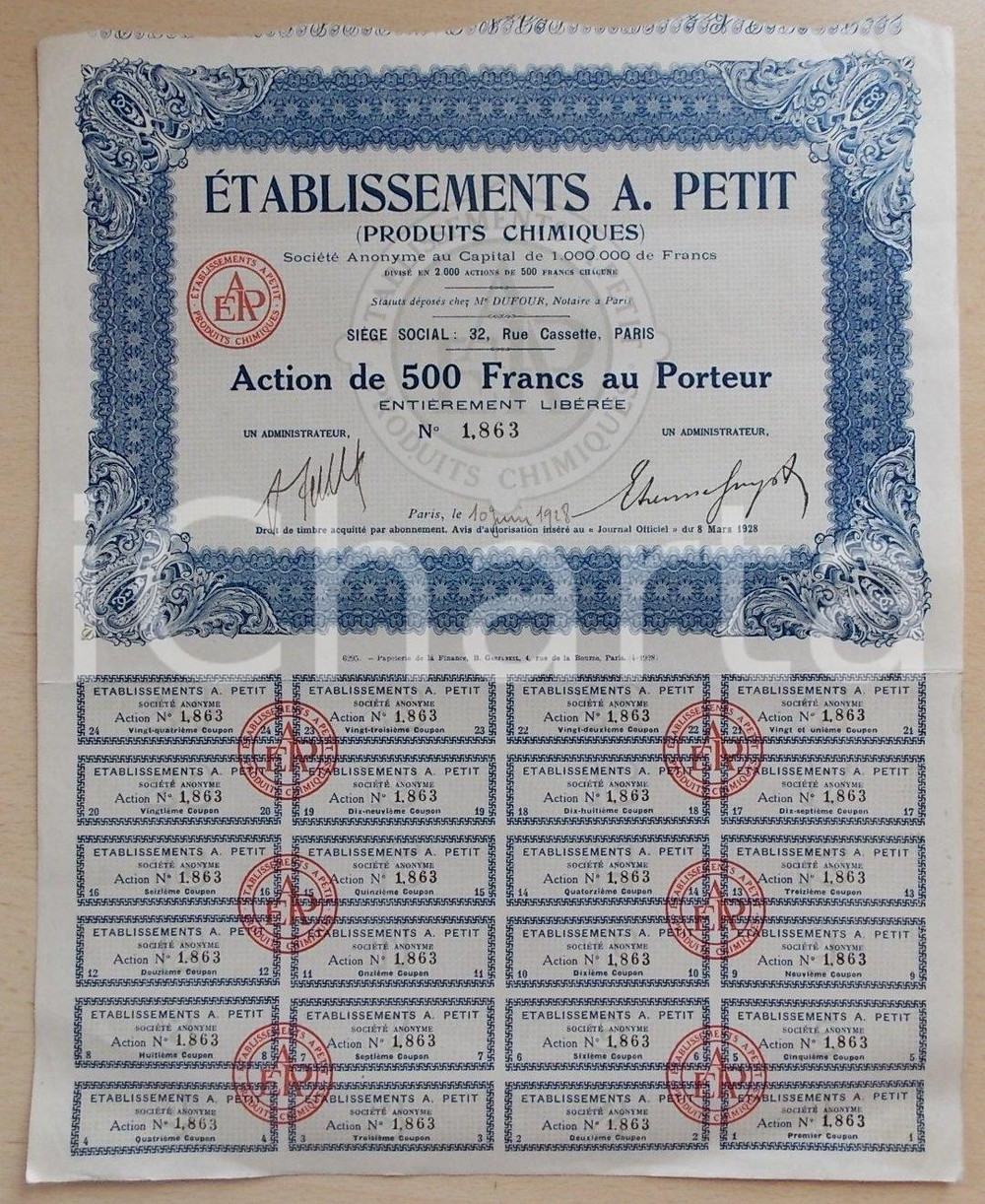 Oggetto da collezione cartaceo 1928 PARIS Etablissements PETIT Produits chimiques Certificato al portatore 1
