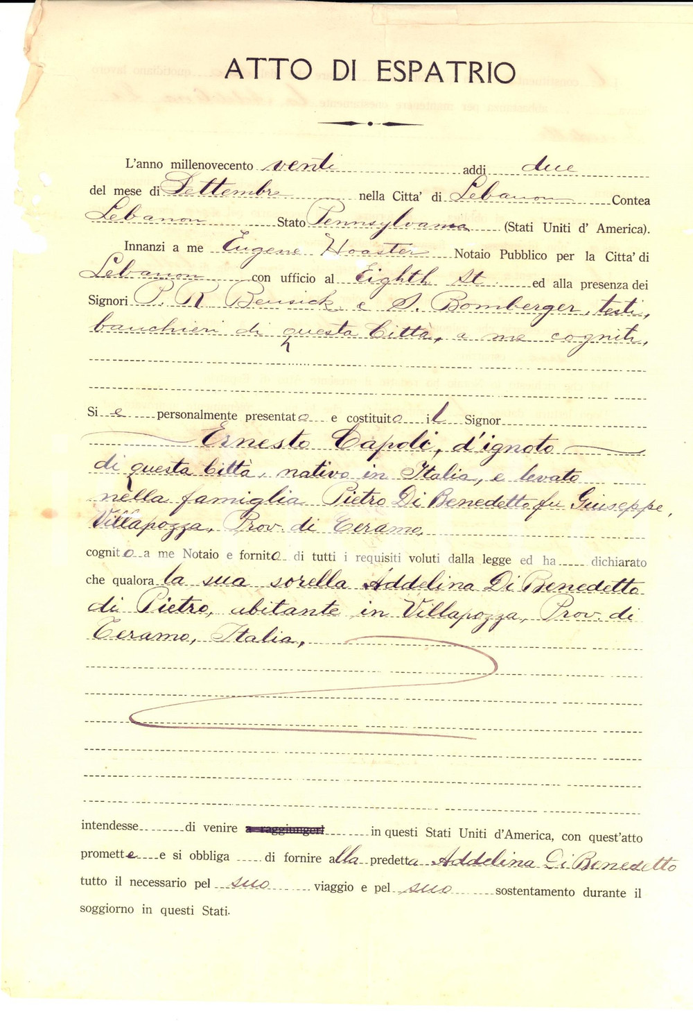 Documento originale, autentico 1920 LEBANON USA Atto di espatrio Addelina DI BENEDETTO di VILLA POZZA TE 1