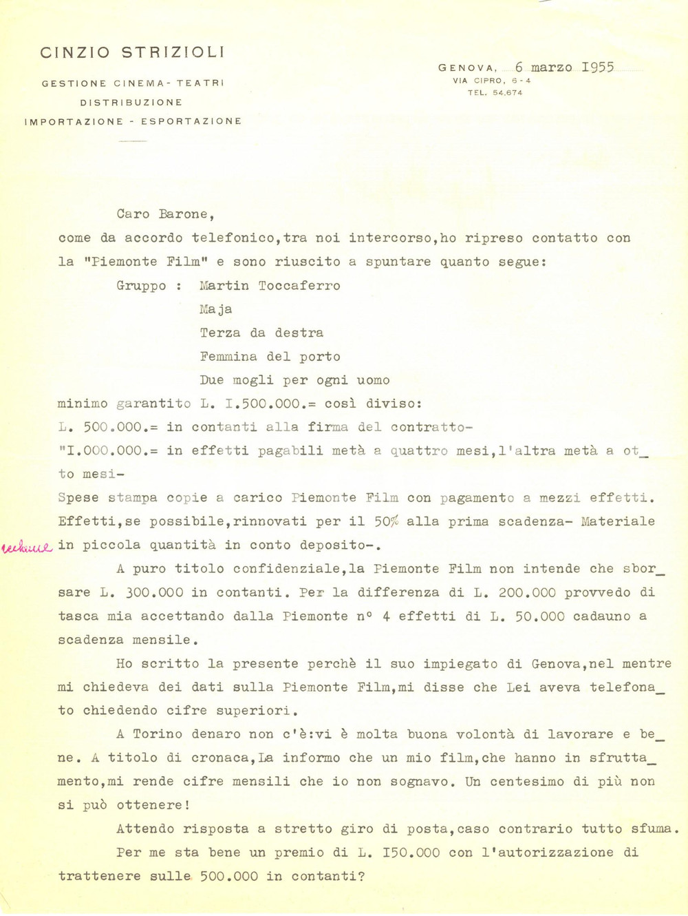 Manoscritto, lettera originale 1954 GENOVA CINEMA Luigi STRIZIOLI A Torino denaro non c'è *Autografo 1