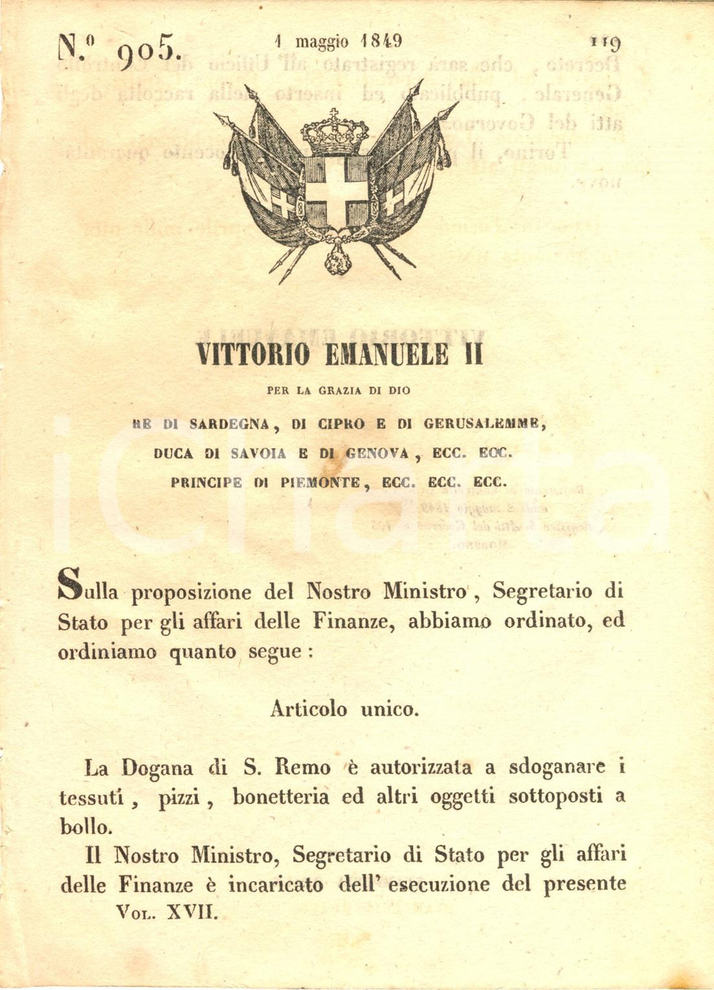 Documento originale, autentico 1849 SANREMO (IM) Dogana puÃ² sdoganare tessuti pizzi e bonetteria *DECRETO 1