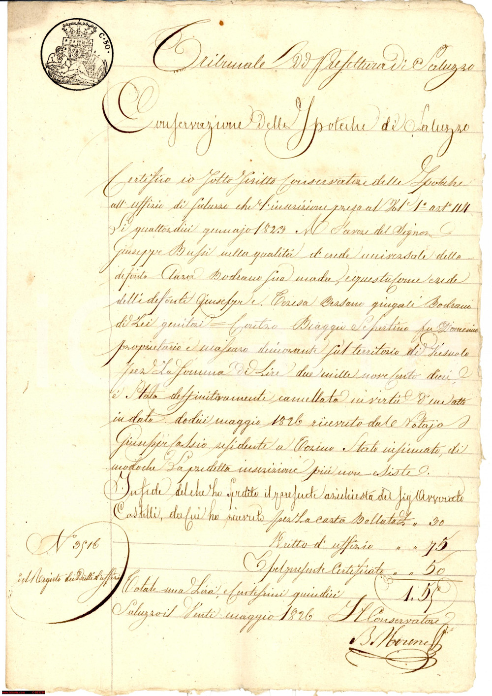 Documento originale, autentico 1826 SALUZZO (CN) Iscrizione a favore di Giuseppe BUSSI contro Biagio SEPERTINO 1