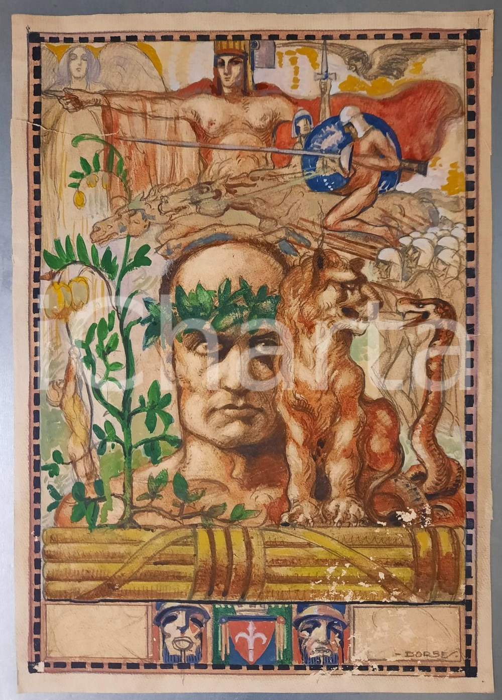 Opera d’arte autentica 1940 ca Oreste DORBES Allegoria con Benito Mussolini  Bozzetto acquerello 28x40 1