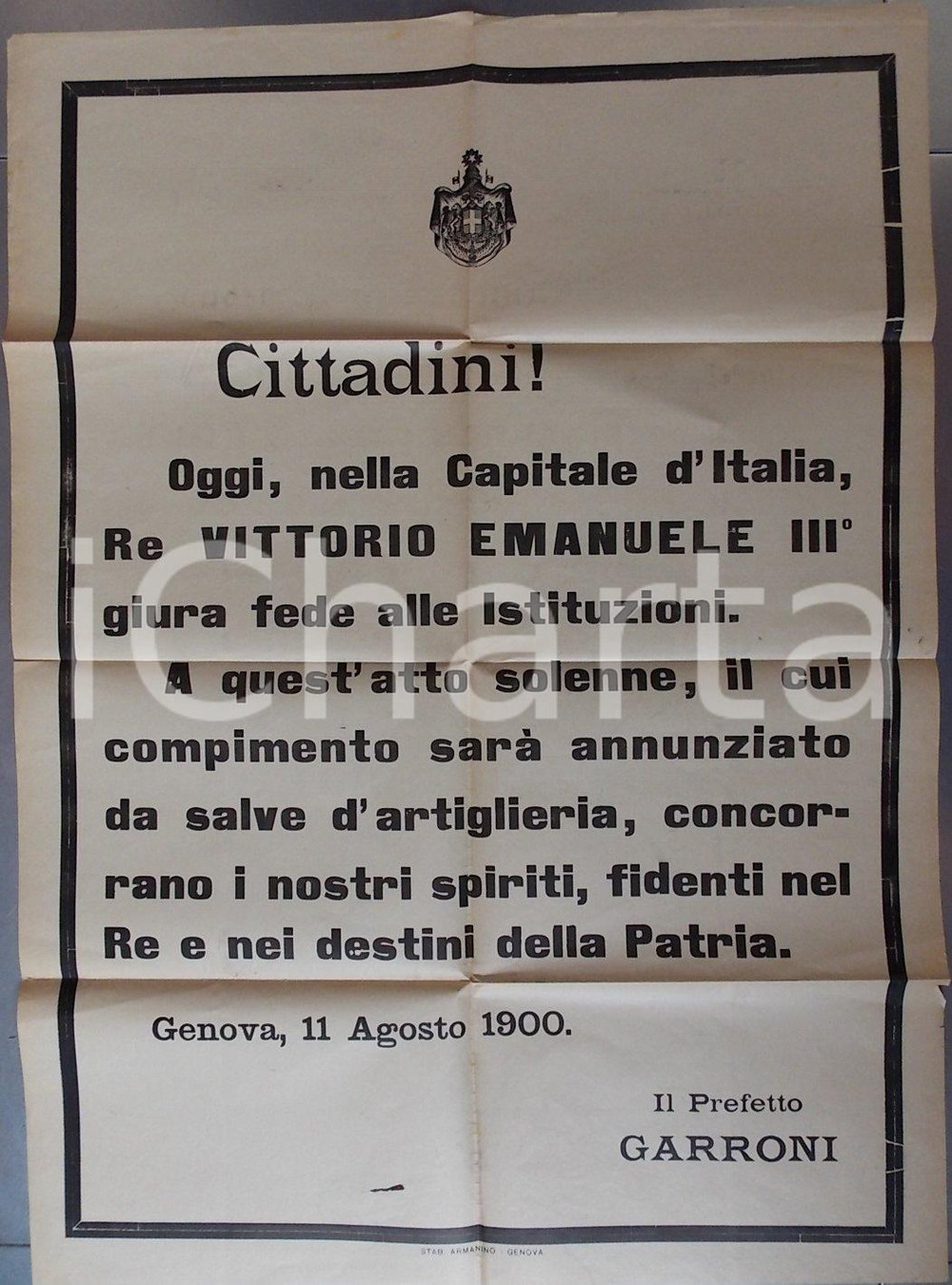 Documento originale, autentico 1900 GENOVA Vittorio Emanuele III nuovo Re d ITALIA Manifesto cm 50 x 70 1