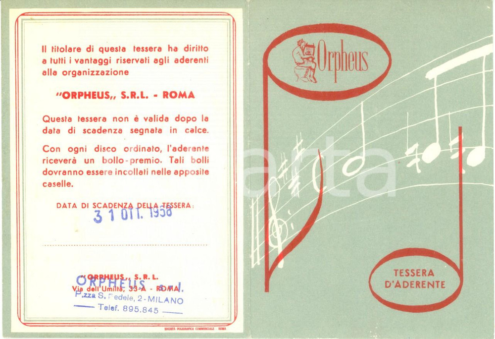 Oggetto da collezione cartaceo 1958 ROMA Libreria musicale ORPHEUS Tessera punti per sconti 1