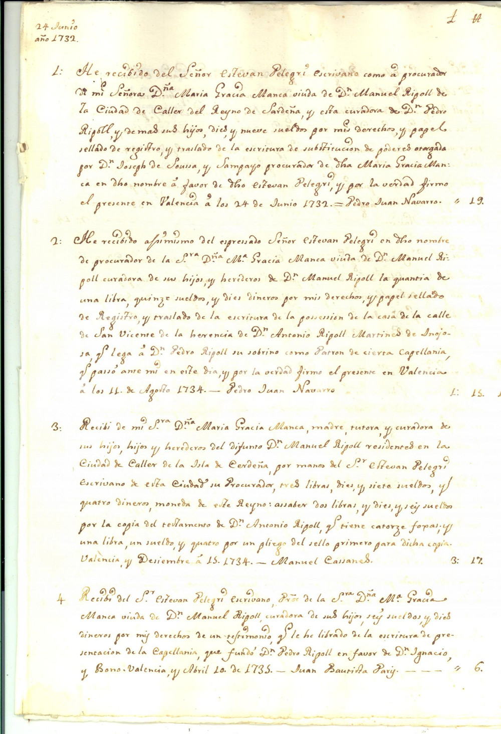 Documento originale, autentico 1732 CAGLIARI Spese di donna Maria Grazia MANCA per cappellania RIPOLL 1