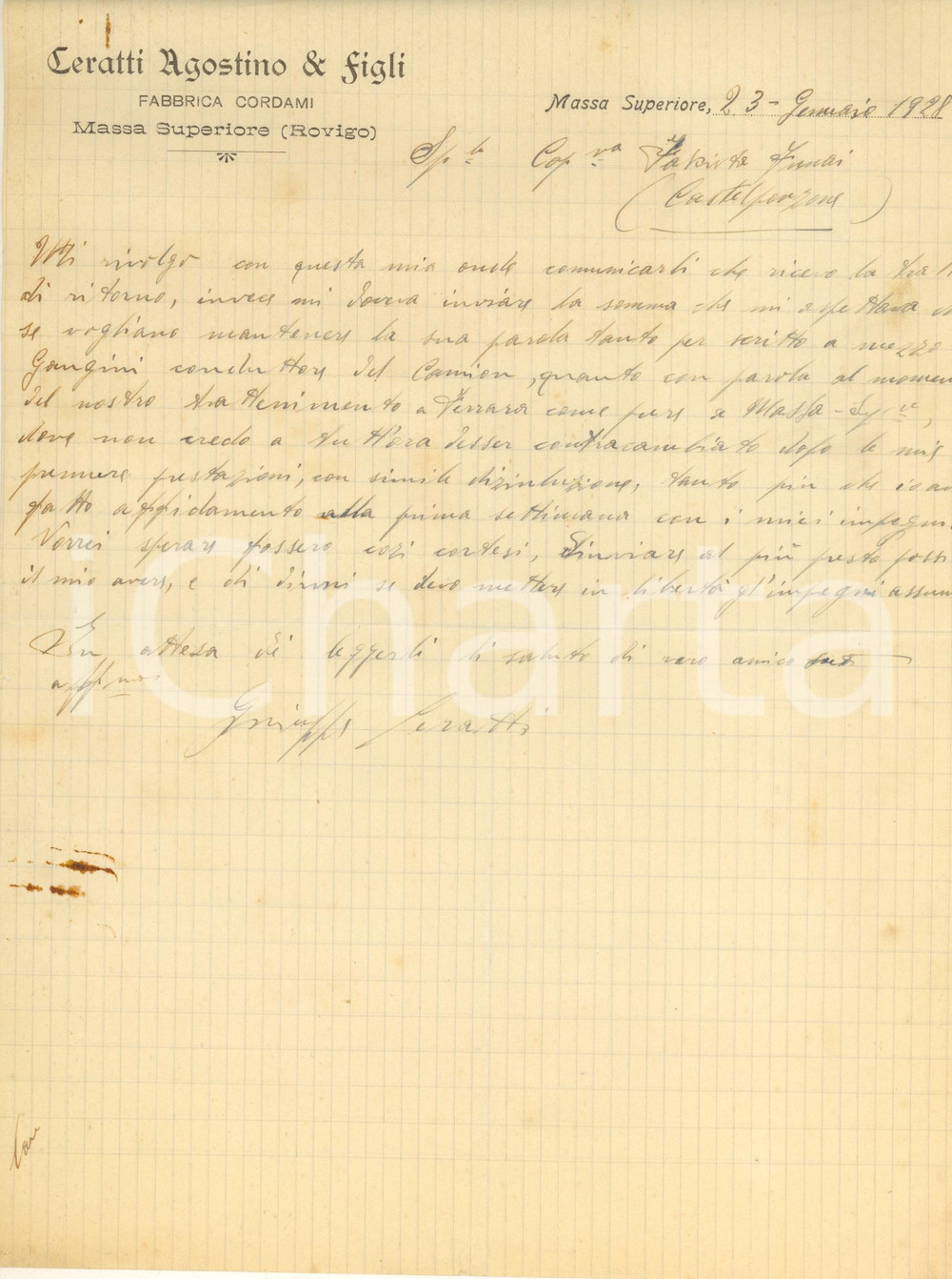 Documento originale, autentico 1928 CASTELMASSA RO Agostino CERATTI Fabbrica di cordami Lettera intestata 1