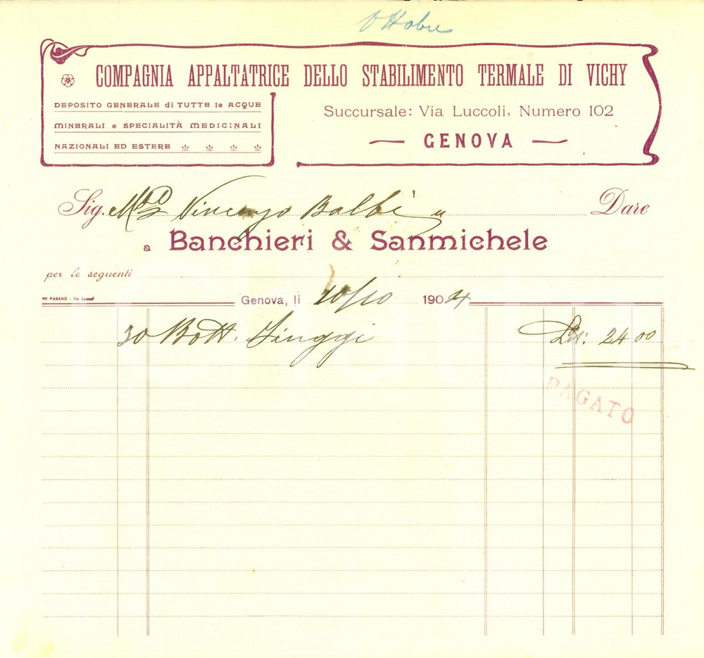 Documento originale, autentico 1904 GENOVA Compagnia BANCHIERI & SANMICHELE appaltatrice Terme VICHY Fattura 1