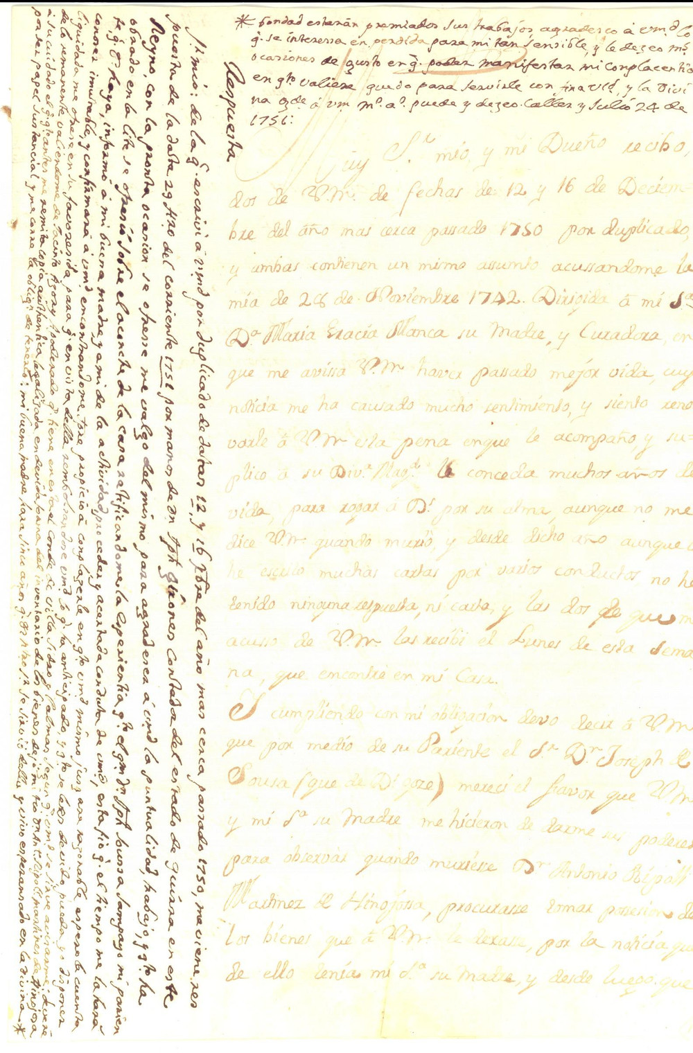 Documento originale, autentico 1751 VALENCIA Don Esteban PELEGRI  a don Pedro RIPOLL Y MANCA sulla cappellania 1