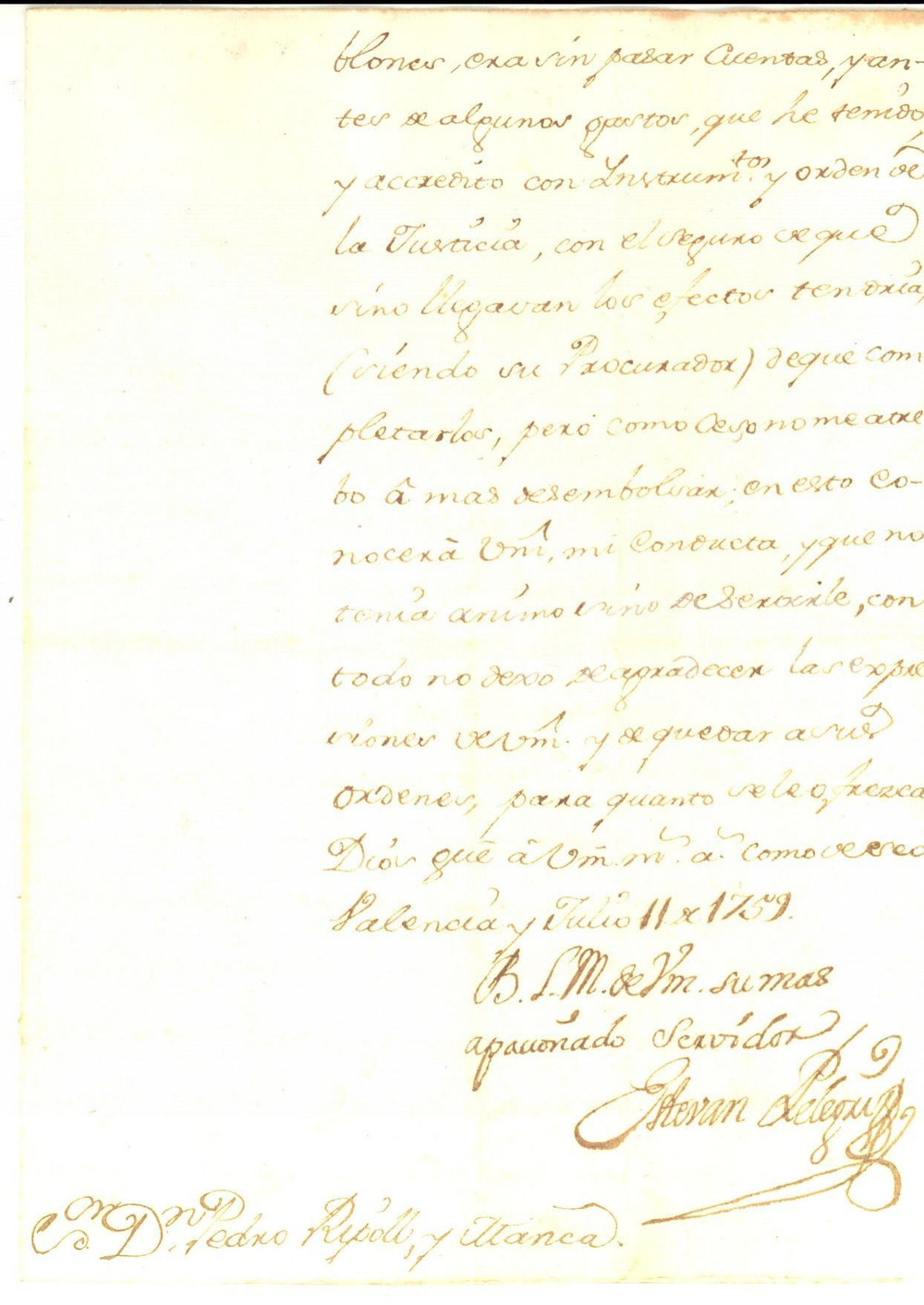 Documento originale, autentico 1759 VALENCIA Don Esteban PELEGRI  al servizio di don Pedro RIPOLL Y MANCA 1