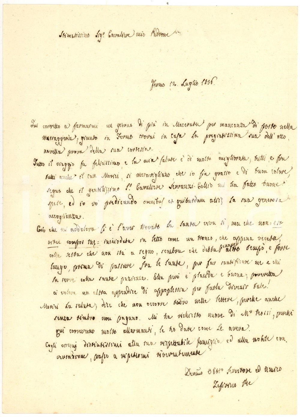 Manoscritto, lettera originale 1856 FERMO Zeffirino RE trova la moglie vittima di apoplessia *Autografo 1