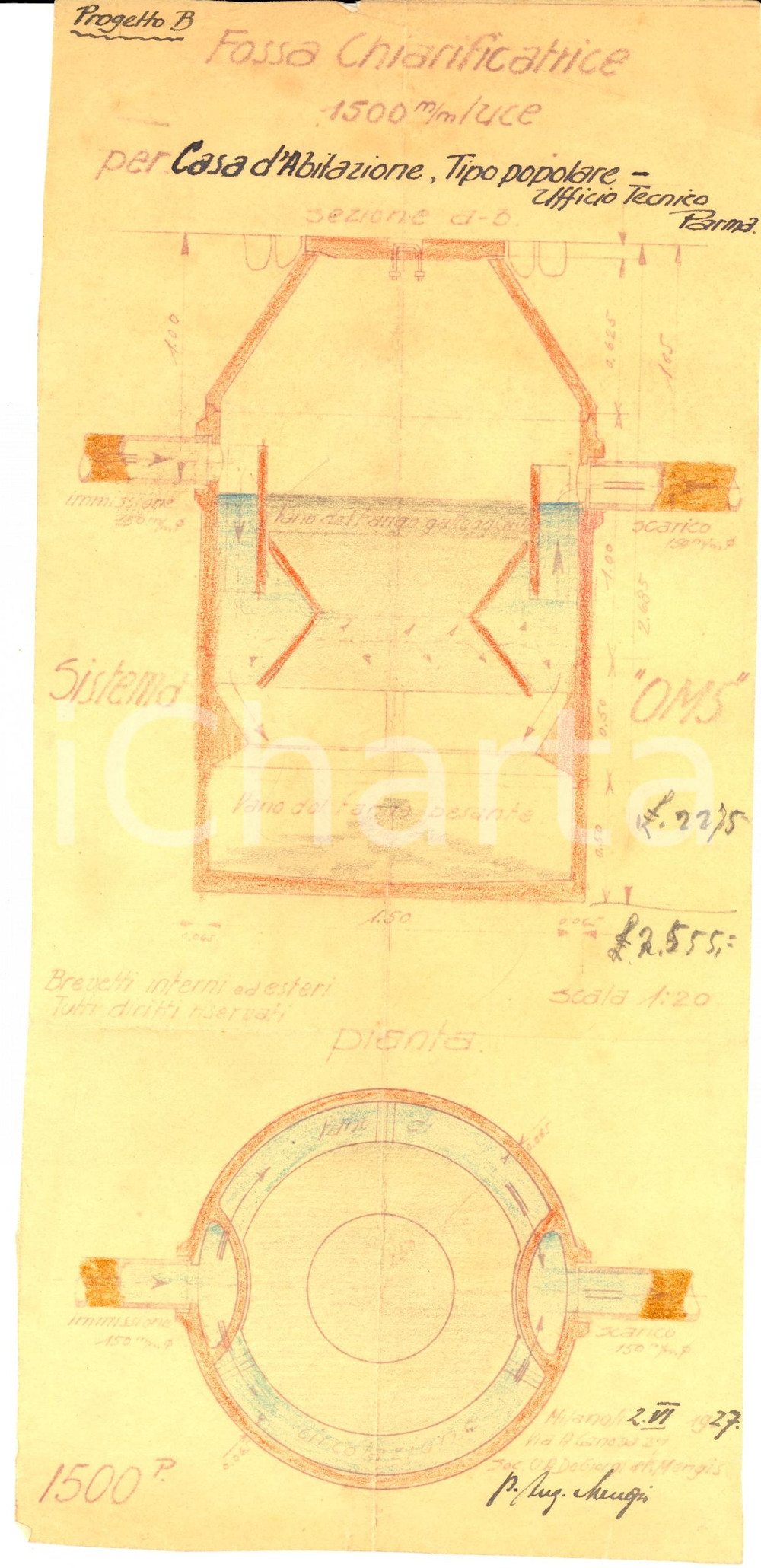 Mappa, planimetria storica 1927 MILANO Soc. DE GIORGI & MENGIS Progetto fossa chiarificatrice case popolari 1