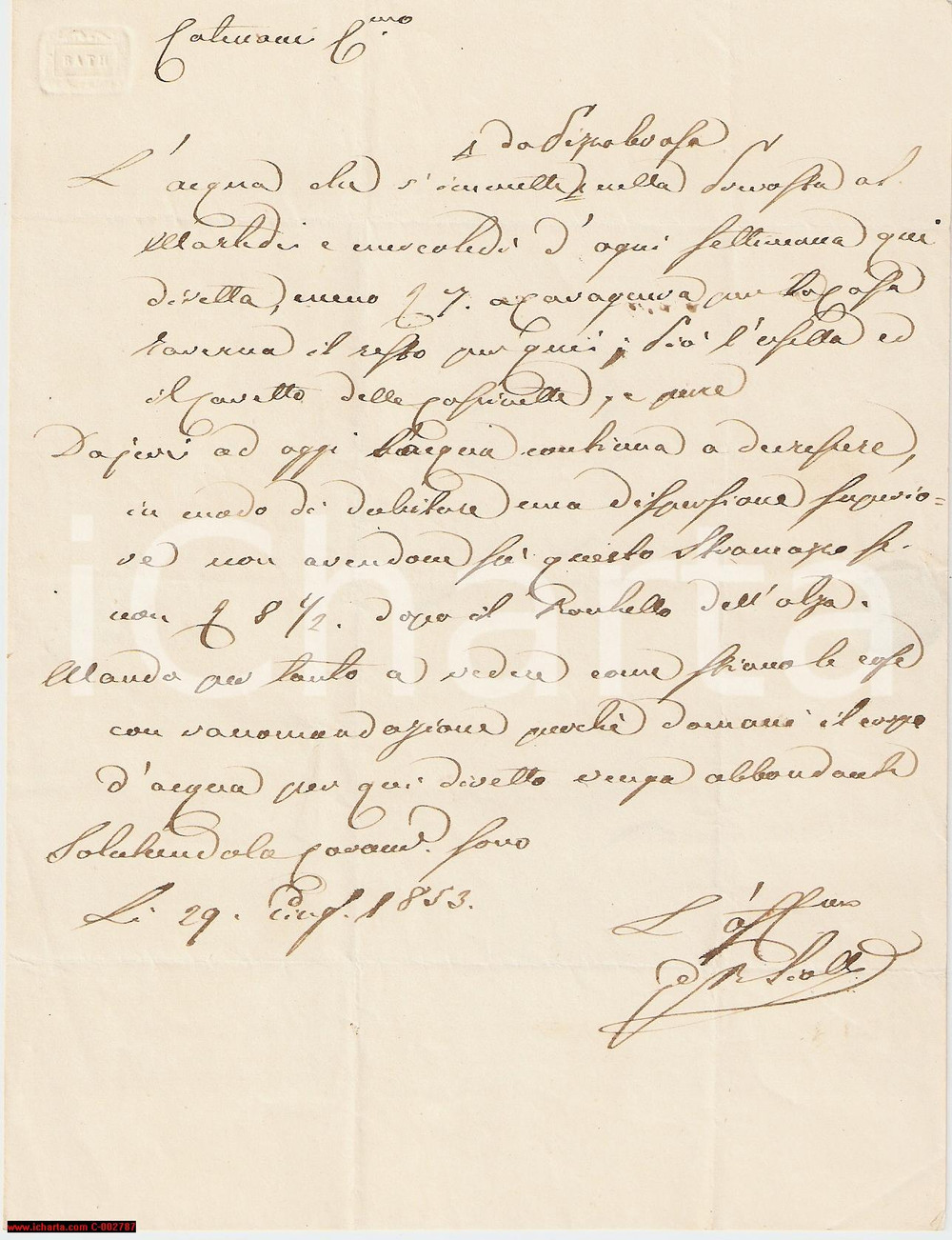 Documento originale, autentico 1853 SANTA CRISTINA PV Perdita acqua tenuta nobili LITTA VISCONTI 1