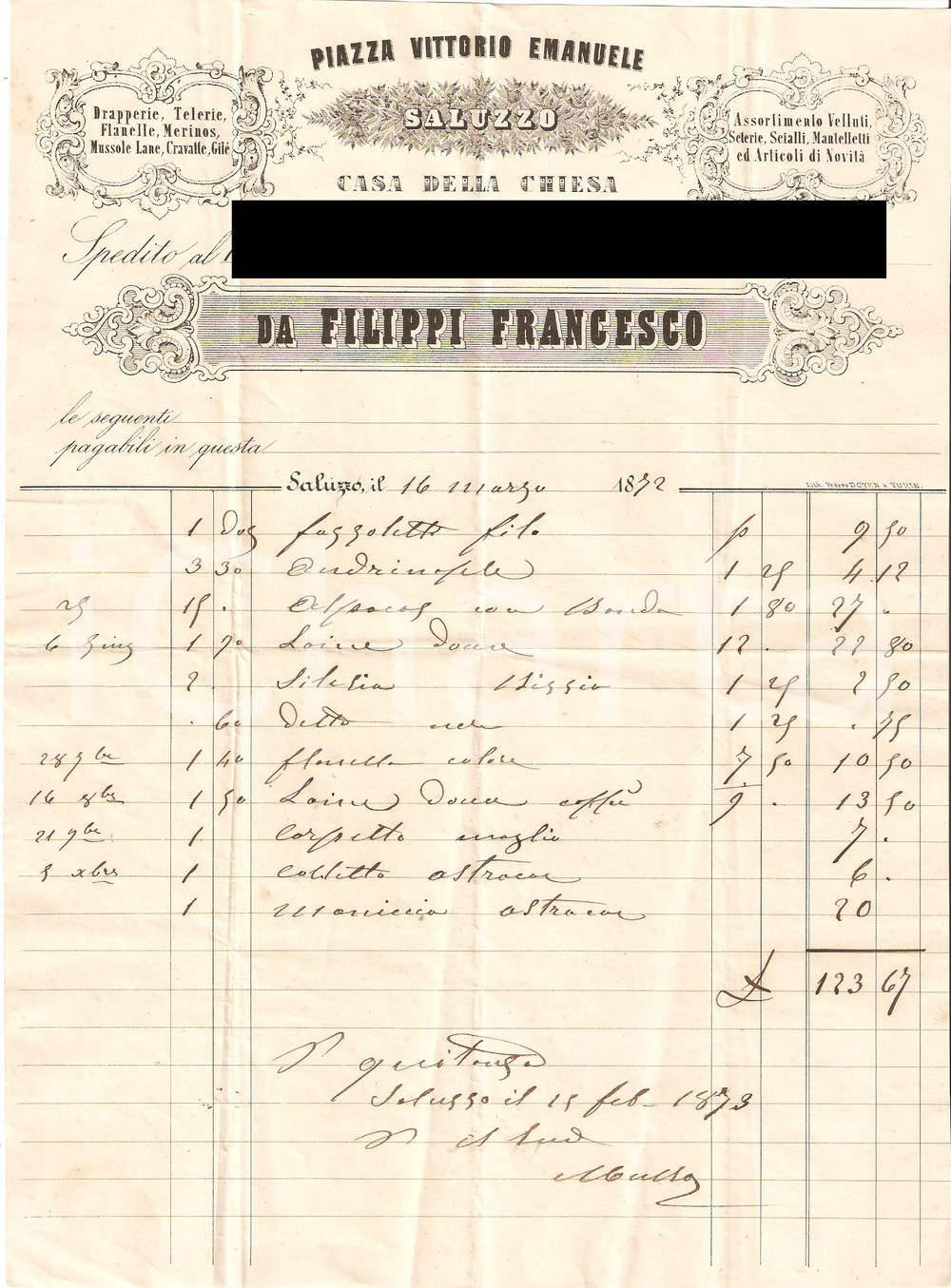 Documento originale, autentico 1873 SALUZZO (CN) Francesco FILIPPI tessuti drapperie *Fattura 1