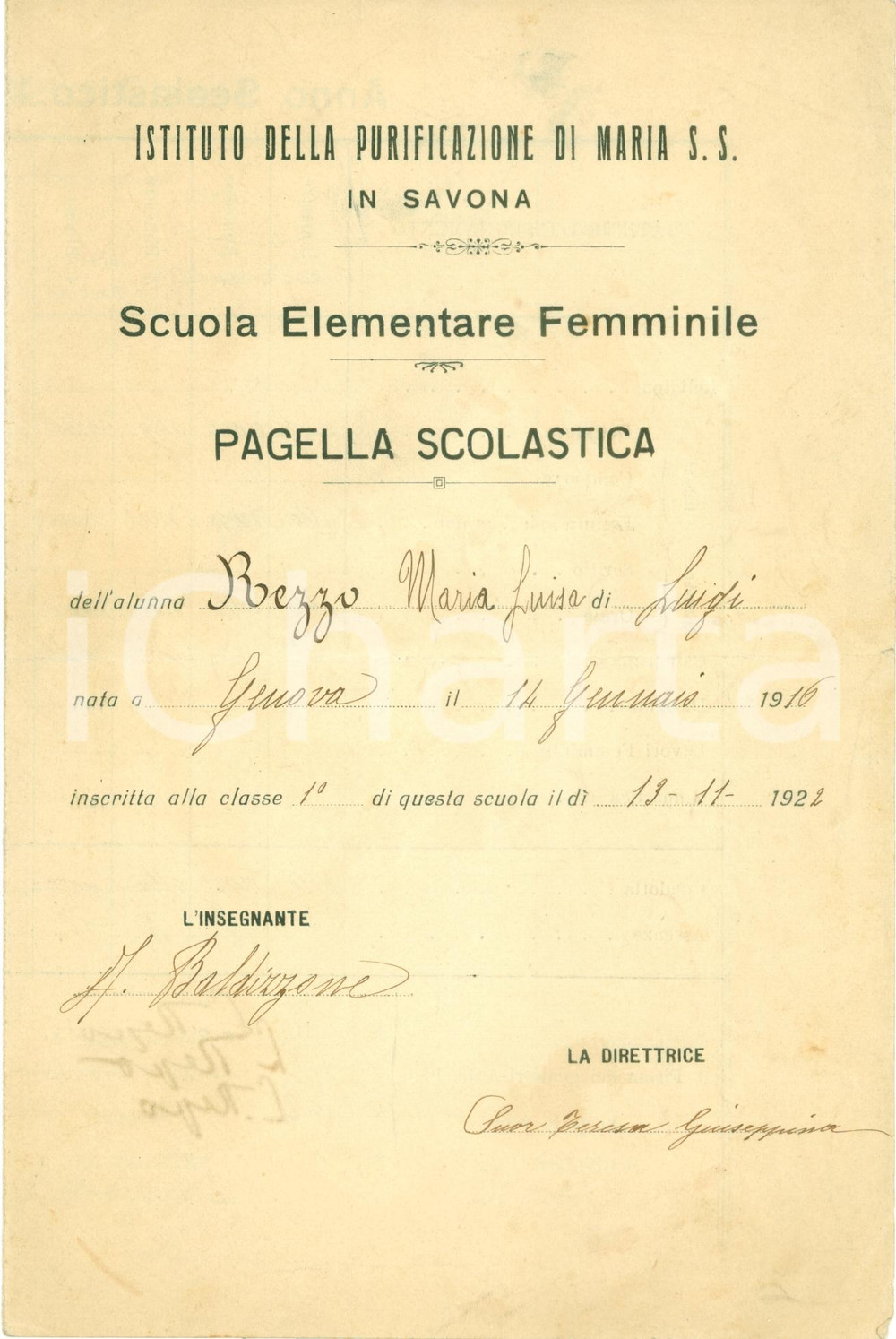 Oggetto da collezione cartaceo 1923 SAVONA ISTITUTO PURIFICAZIONE MARIA SANTISSIMA Pagella Maria Luisa REZZO 1