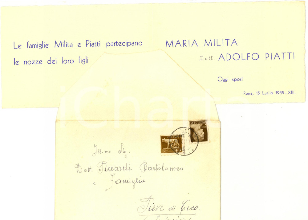 Documento originale, autentico 1935 ROMA Partecipazione nozze Adolfo PIATTI - Maria MILITA *Biglietto 1