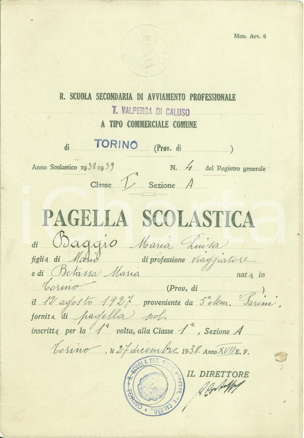 Oggetto da collezione cartaceo 1938 TORINO Avviamento professionale VALPERGA DI CALUSO Pagella Maria L. BIAGGIO 1