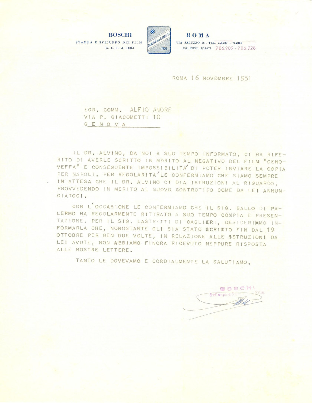 Documento originale, autentico 1951 ROMA CINEMA BOSCHI FILM Lettera su invio copie 'Genoveffa la racchia' 1
