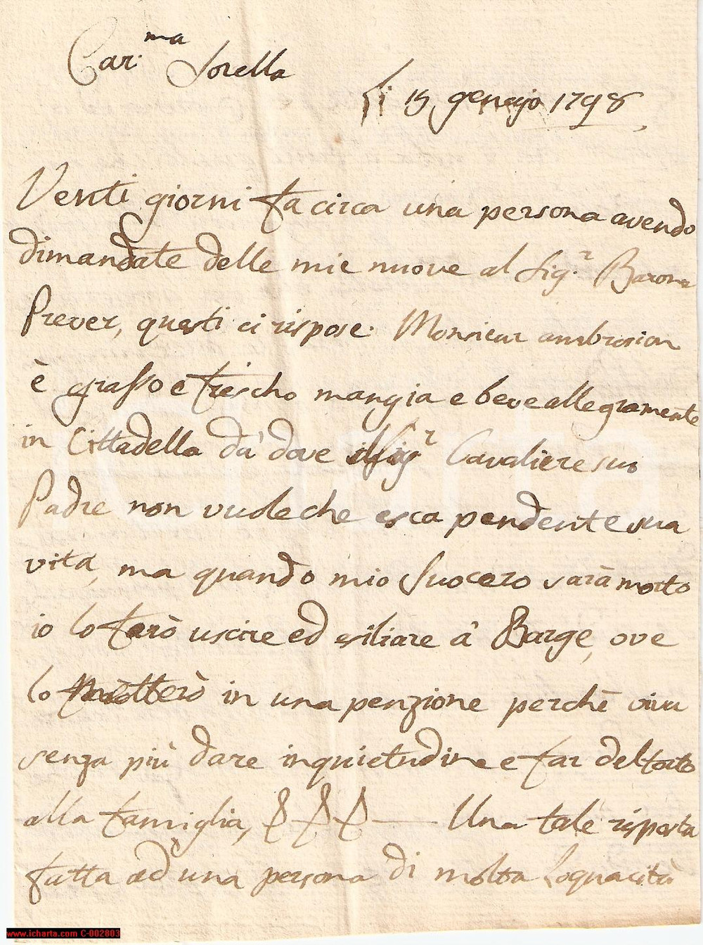 Manoscritto, lettera originale 1798 TORINO Conte AMBROSIONE grasso e fresco in cella - Lettera 1